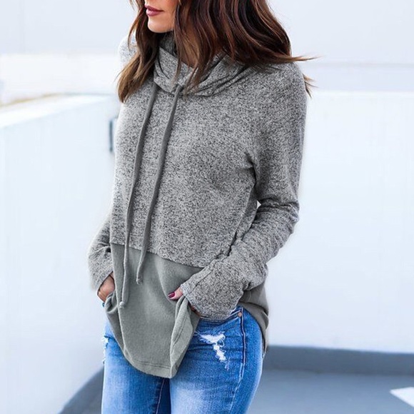 Cowl Neck Mixed Texture Knit Sweater Top Grey - Picture 4 of 4